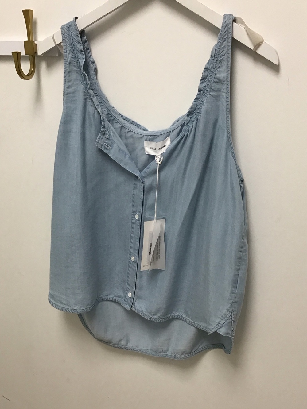 Dear John Light Blue Chambray Button-Front Ruffle Strap tencel Tank